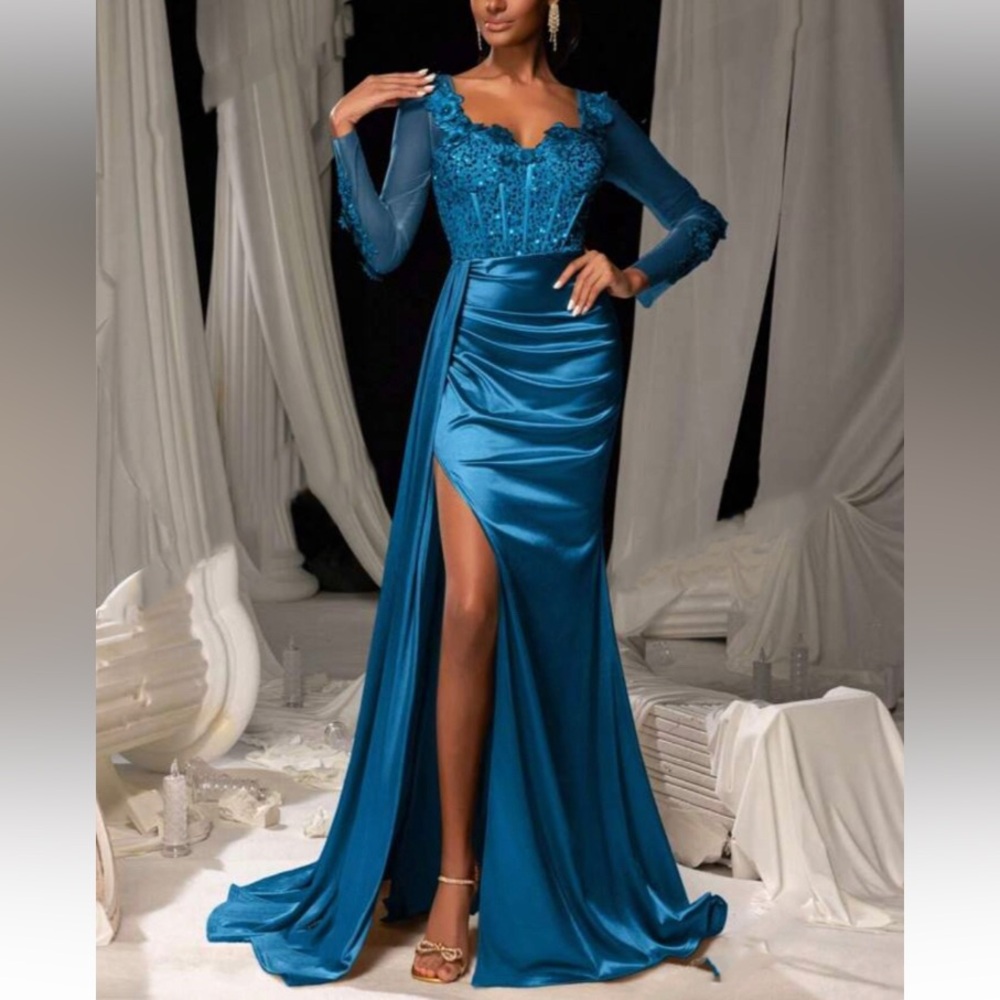 Luxe sweetheart neck appliqués slit thigh party formal evening sequins dress